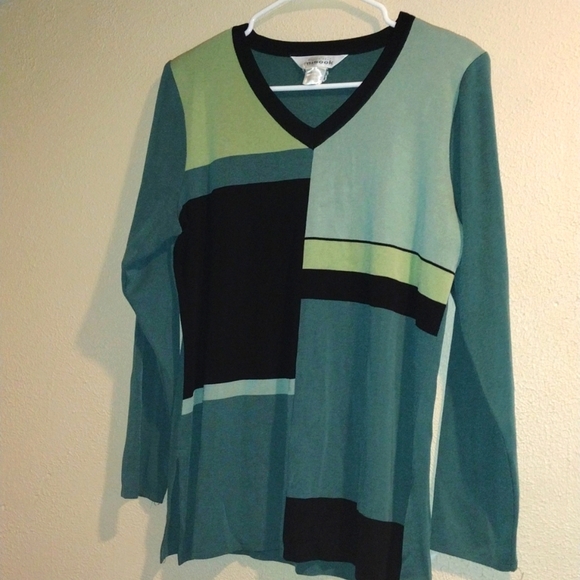 Vintage Exclusively Misook Unique Rare Abstract Pullover V Neck Shirt L - Picture 1 of 5
